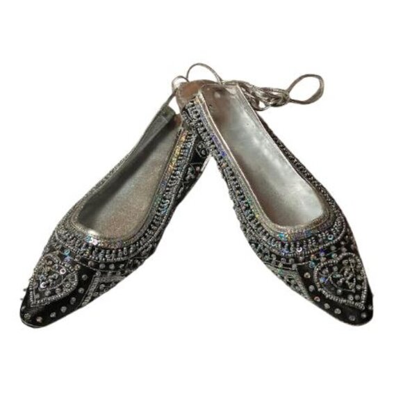 Naughty Monkey Shoes - Naughty Monkey Flat Ballet-Style Sequin-Covered Shoes with Ties Size 8.5  EUC